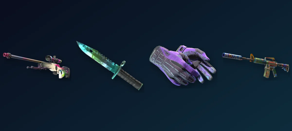 Space-themed CS2 skins stash with glowing weapon skins and cases
